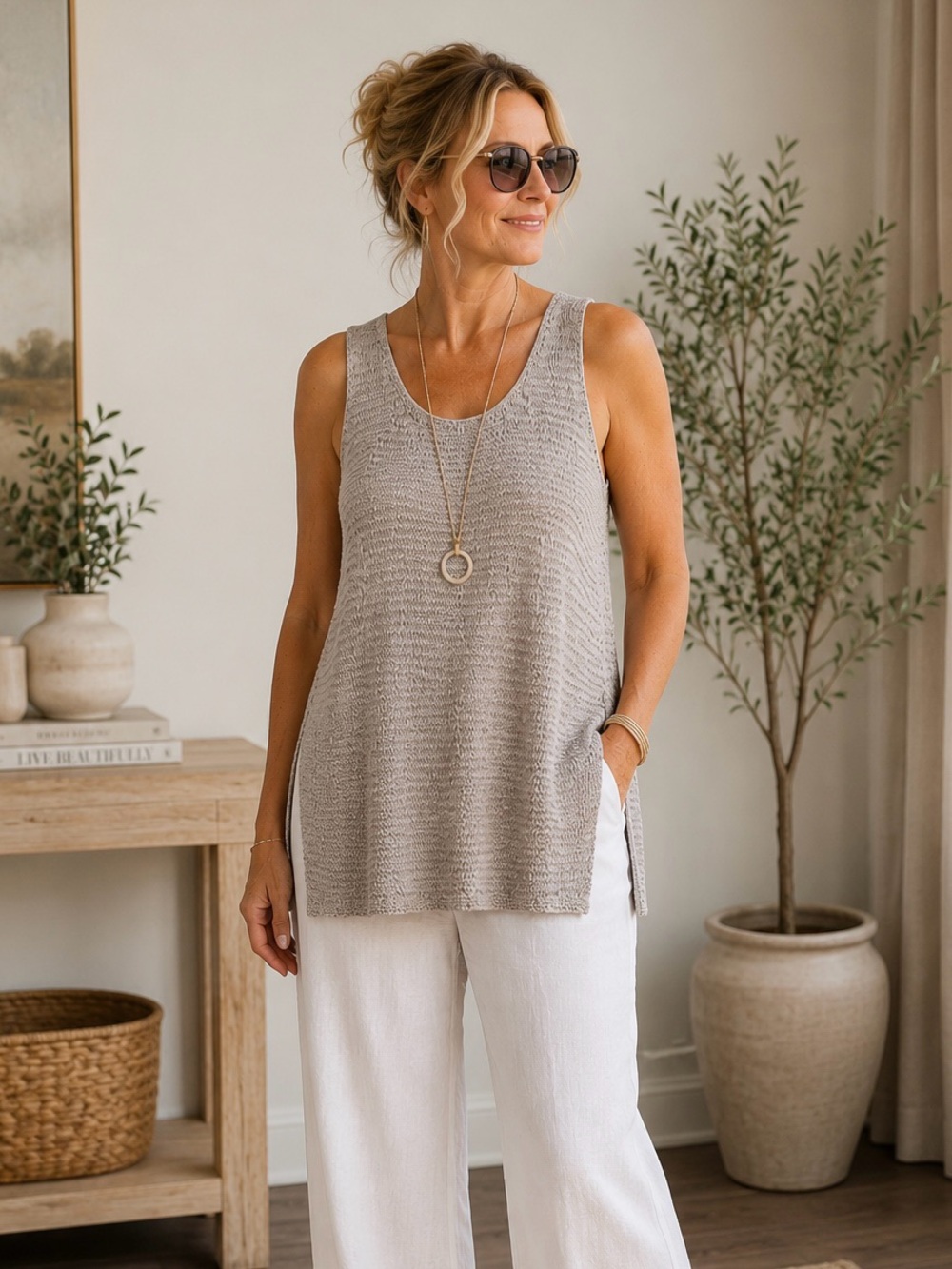 Marla Wynne Textured Open Knit Tank Top 1X Silver Side Slit Scoop Neck Shirt